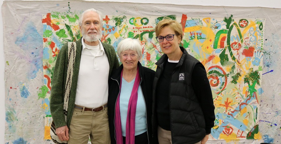 Ed Sunshine and Ann Connor, who helped found the Food Depository in 1979, stand with Executive Director and CEO Kate Maehr on a recent visit.