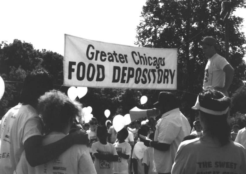 A black and white photo from the 1991 Hunger Walk, which every year raises money and awareness toward ending hunger in Cook County.