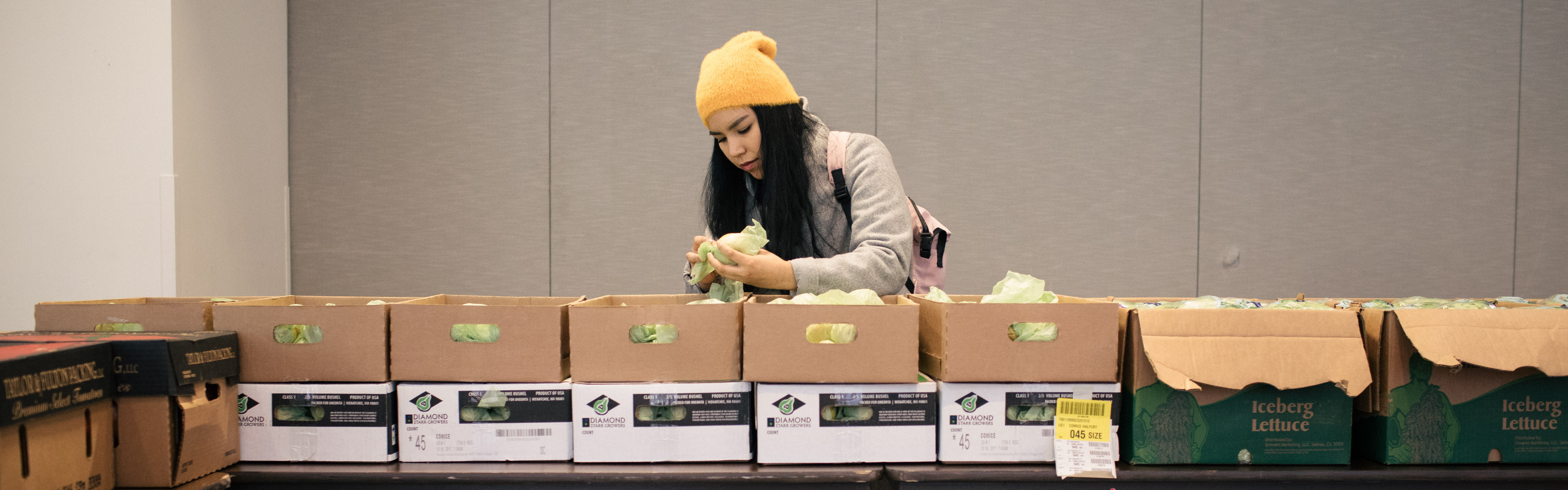 A person selects food from boxes at a Healthy Student Market