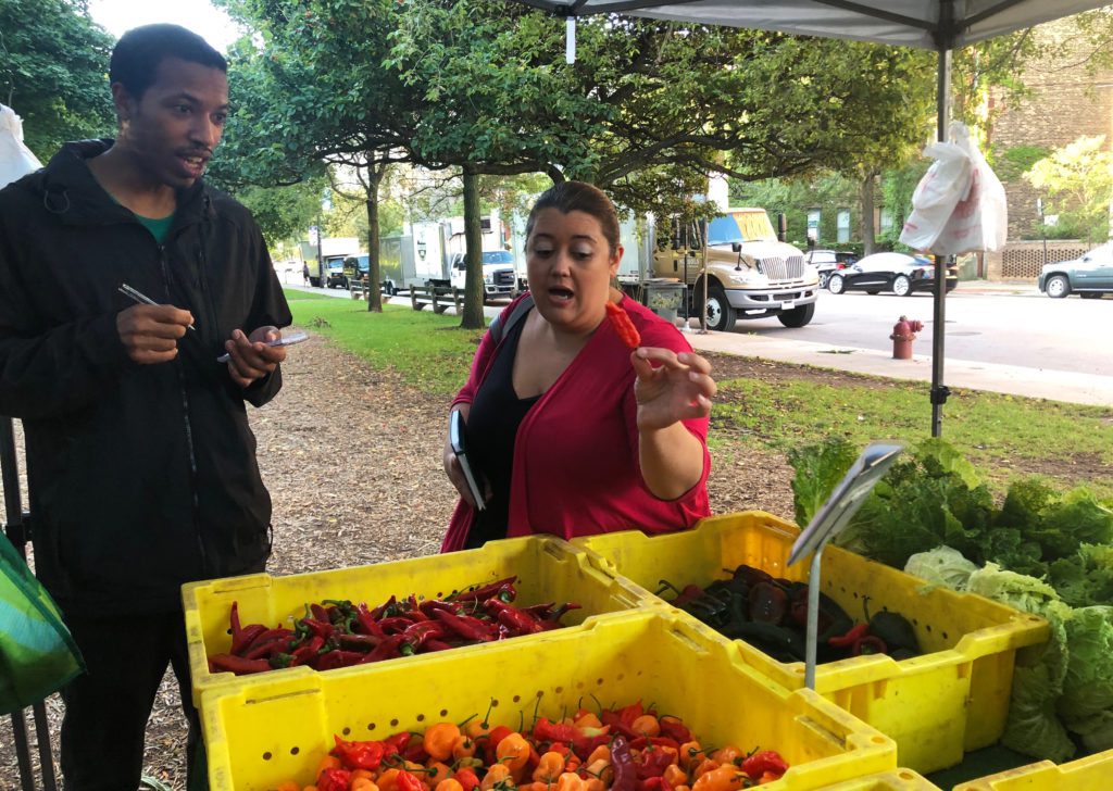 Chicago's Community Kitchens student Brian Hardaway listens to Chef instructor Abby Bicksler discuss different pepper varieties at the Nichols Farm Stand at Green City Market. Students from the culinary job training program recently visited the farmer's market to expand their knowledge of sourcing produce and to learn about the different varieties of locally-grown fruits and vegetables that they could see in a professional kitchen.