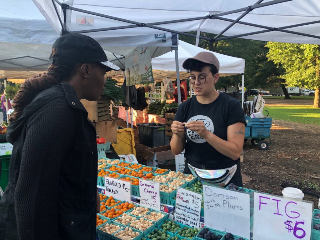 Em Modaff of Seedling Farm and Orchard shows Chicago's Community Kitchens student Sheron Mesadieu the farm's selections of ground cherries. 