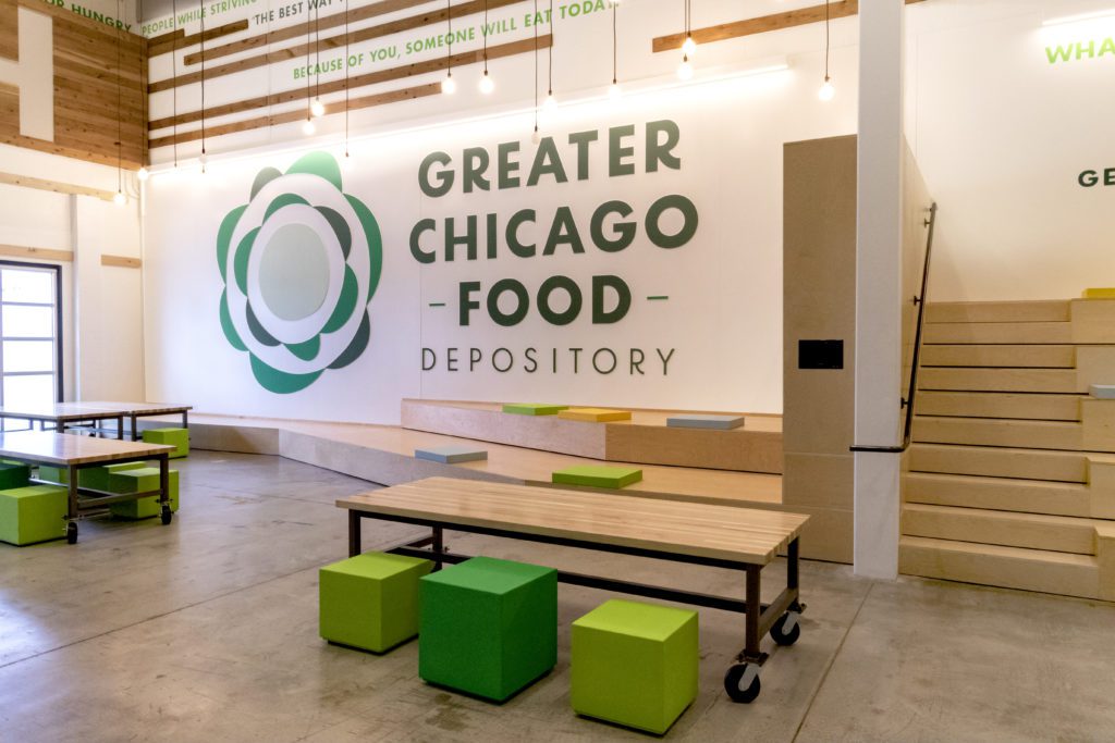 The Food Depository upgraded its Volunteer Orientation Room (pictured here) as part of ongoing improvements to its headquarters.