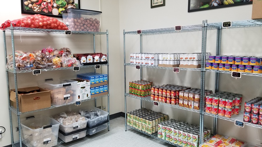 Shelves of produce, bread and shelf-stable food at the Panther Pantry.