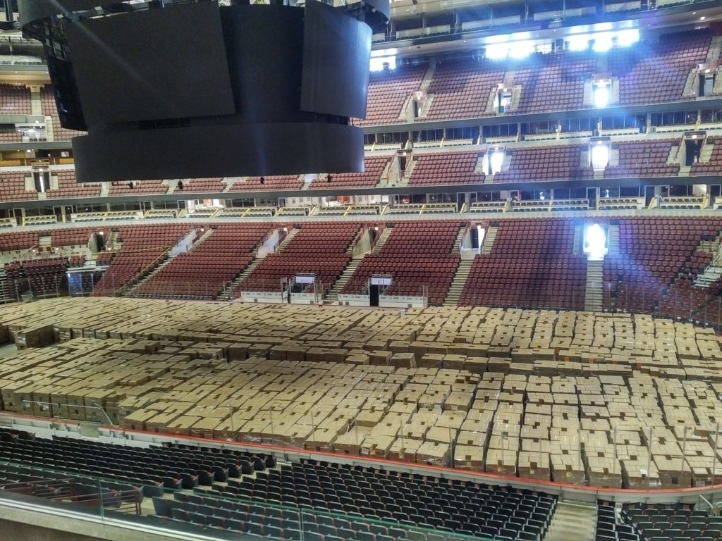 The United Center packed with the Food Depository's family food boxes
