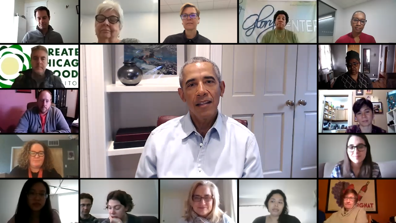 A screenshot of President Barack Obama speaking to Food Depository staff and partners on April 30