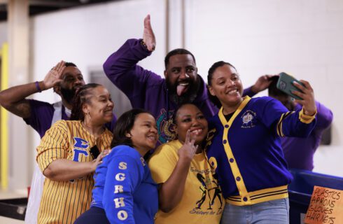 Divine Nine group post for selfie (photos by Terence Crayton for the Food Depository)
