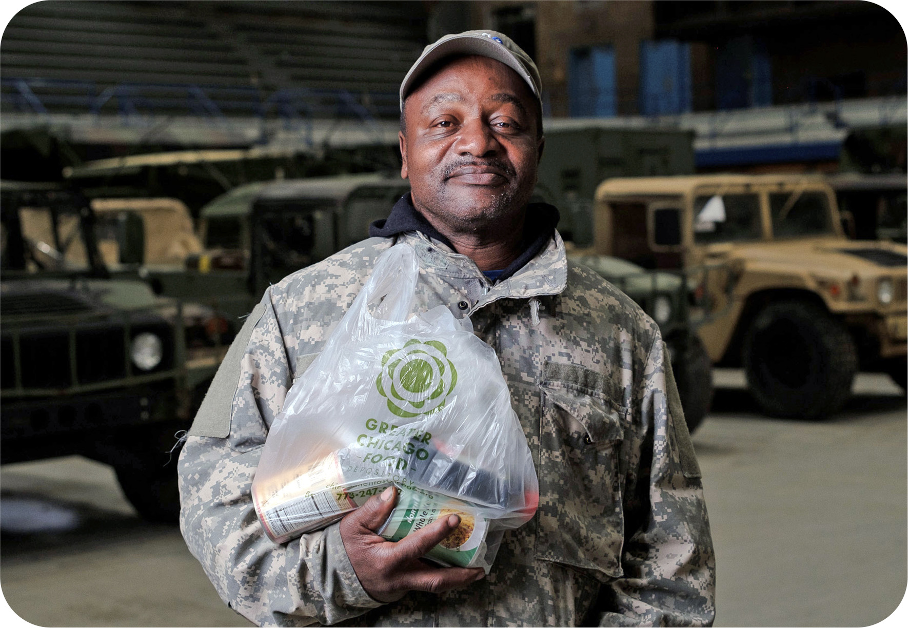 One of the veterans picking up food at the food pantry.