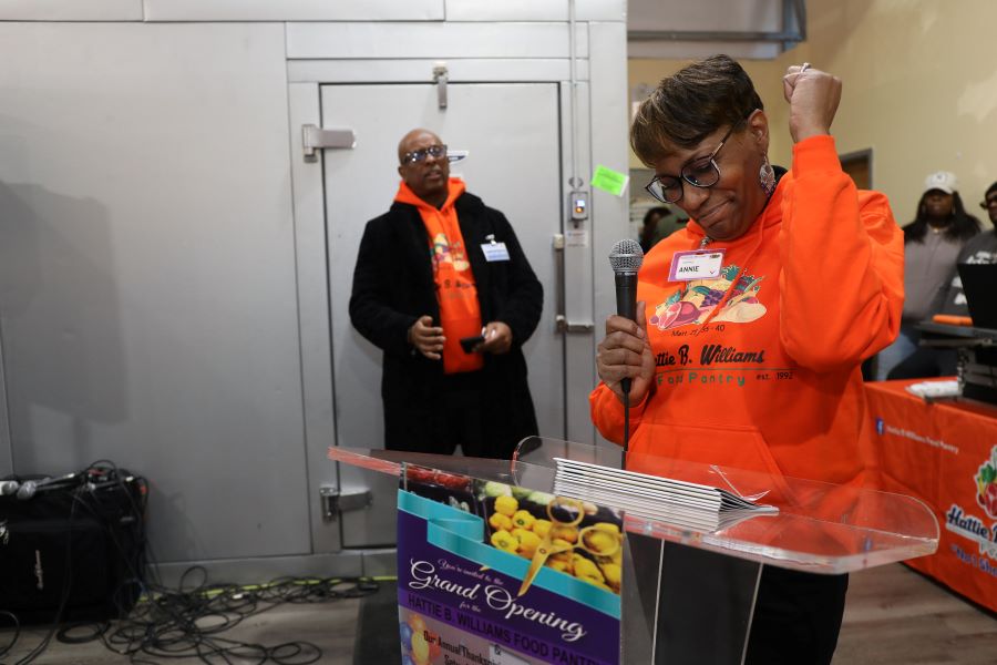 Annie Hill speaking at Hattie B.'s grand reopening.