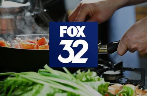 Chef cooking with Fox 32 logo