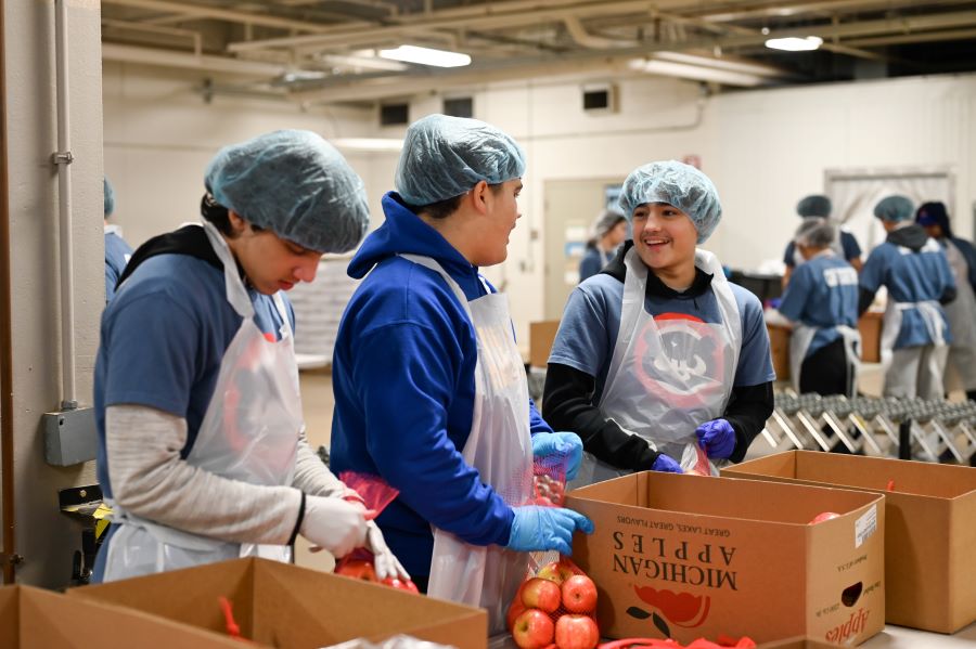 Three boys from the Cubs RBI teams fill bags and boxes of apples.