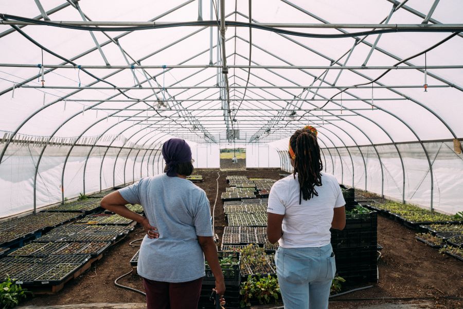Two women looking at a farm.
