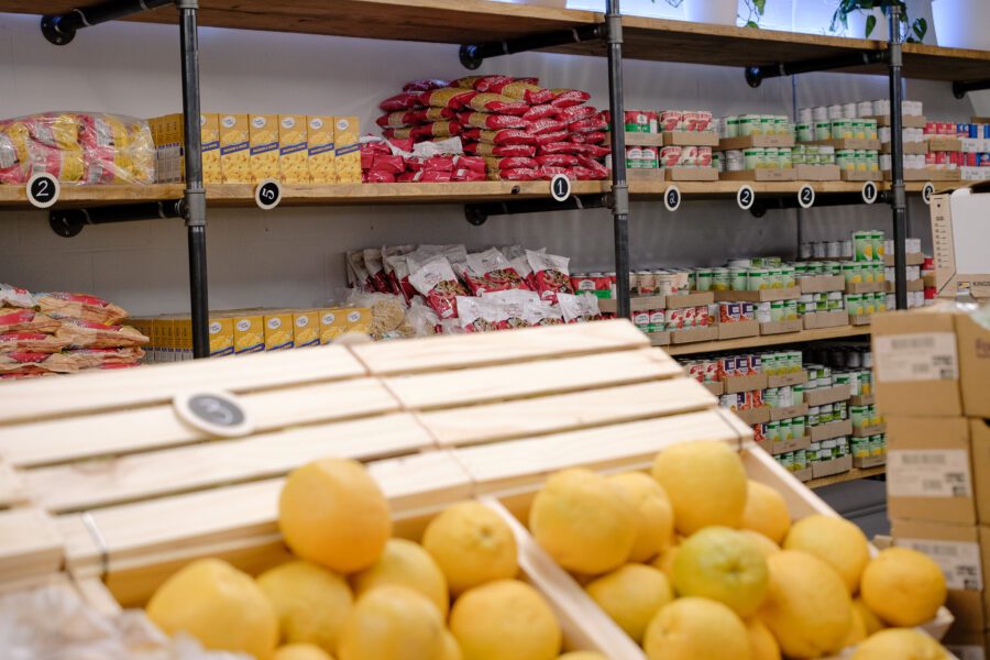 Shelves of food at a food bank