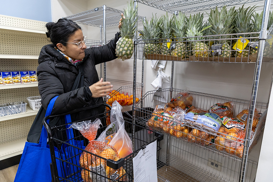 a woman shops for groceries at a food pantry