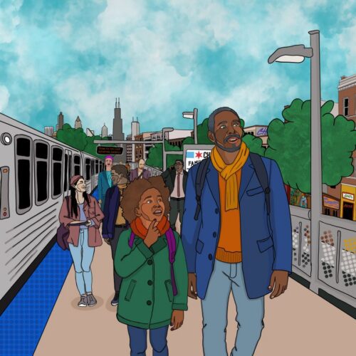 An illustration of The Traveler and The Child on the Chicago El track from the book Stone Soup Chicago