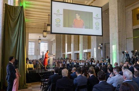 Food Depository Executive Director and CEO Kate Maehr addresses the crowd at the 2026 Chicago Commercial Real Estate Awards