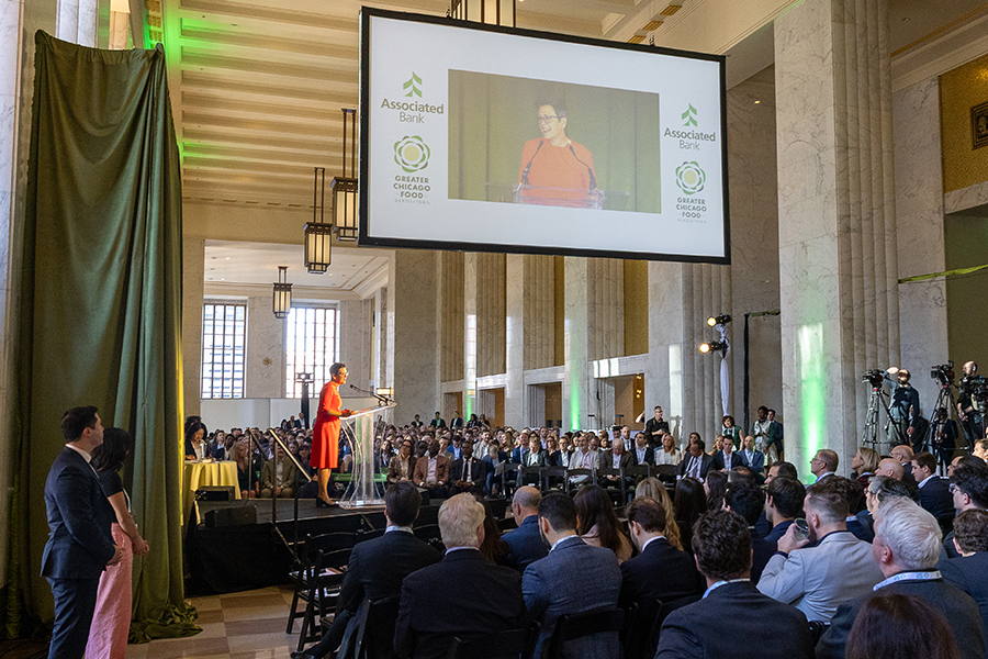 Food Depository Executive Director and CEO Kate Maehr addresses the crowd at the 2026 Chicago Commercial Real Estate Awards